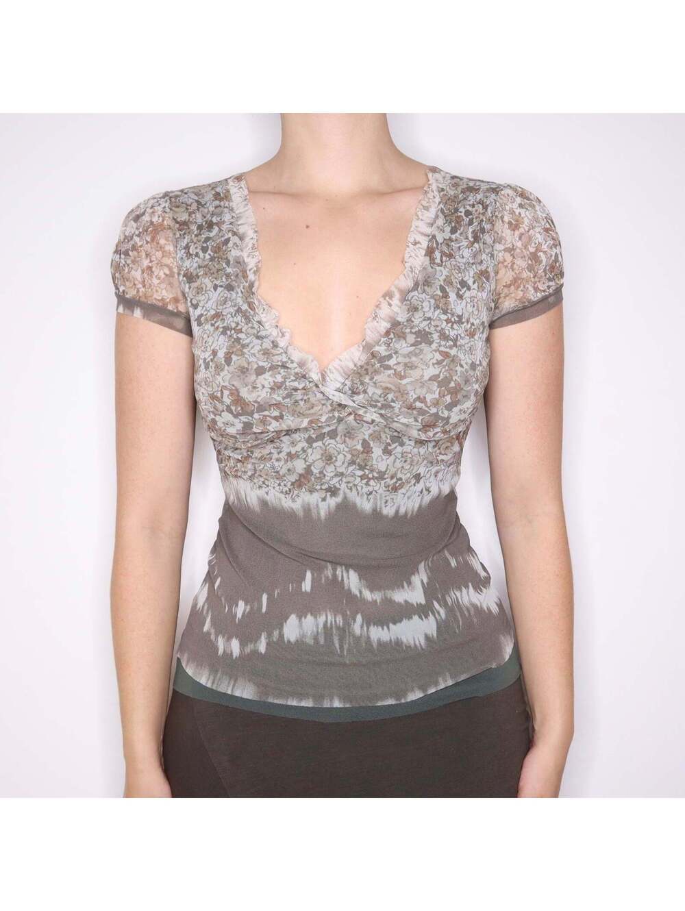 Y2K Italian Green and Gray Floral Mesh Blouse (S/M)